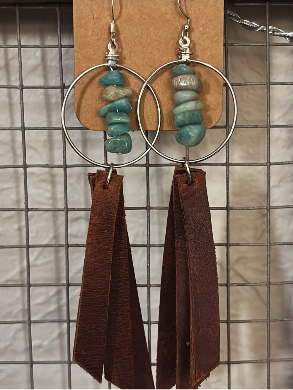 Boho Amazonite & Brown Leather Tassel silver tone Hoop Earrings